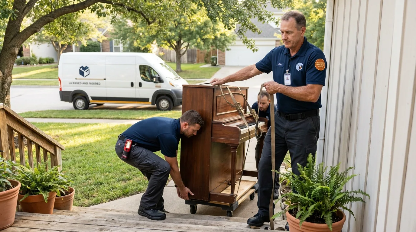 Licensed piano movers securing grand piano in Pomeroy, OH