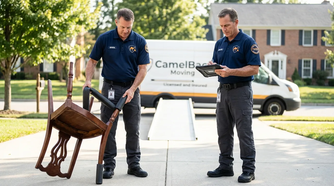 Movers inspecting furniture for damage prevention before loading in Pomeroy, OH