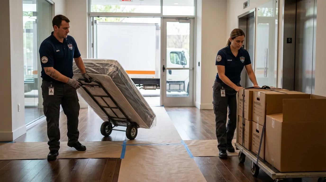 Professional apartment movers loading elevator in Pomeroy, OH